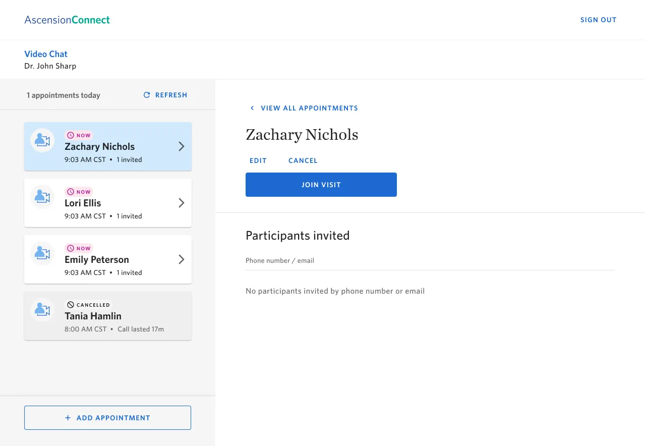 Video Chat’s appointment list, with visits marked Now and Cancelled