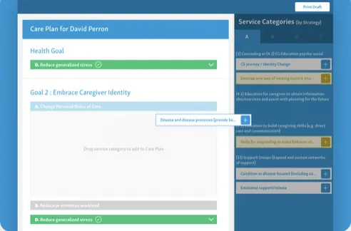 A TCARE care plan with goals on the left and a library of service categories on the right.