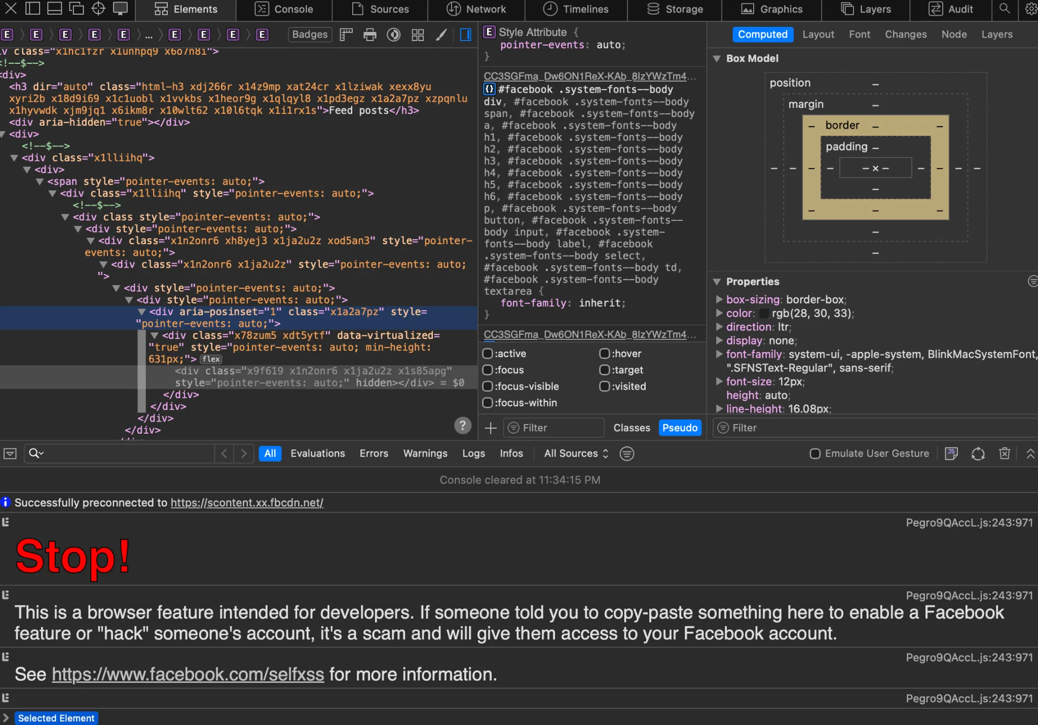 Browser developer tools on the Facebook feed. The Elements panel shows nested divs with machine-generated class names under a “Feed posts” heading. The console below shows “Successfully preconnected to scontent.xx.fbcdn.net” and a large red “Stop!” warning about self-XSS scams.