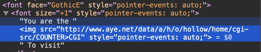Page source showing the text “You are the” followed by an img tag whose src points to a counter CGI script on www.aye.net, then “To visit.”
