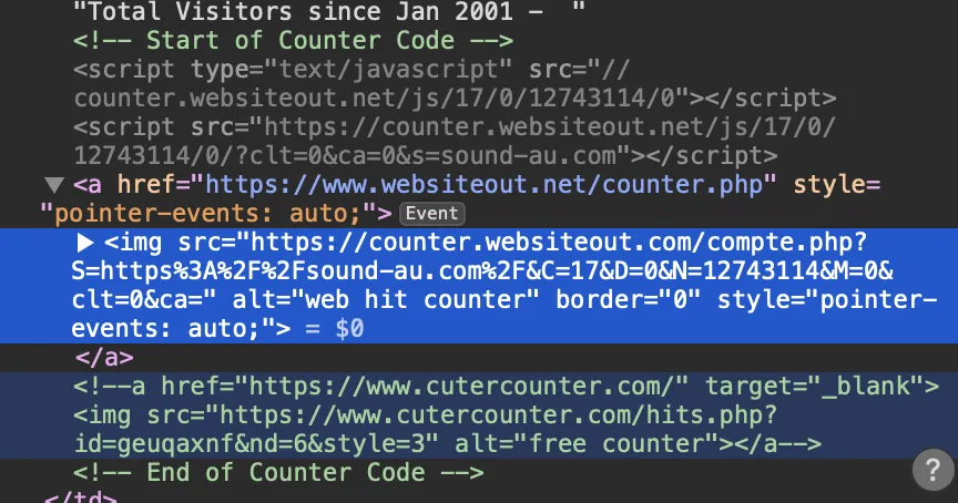 Page source between “Start of Counter Code” and “End of Counter Code” comments: a link to websiteout.net/counter.php wrapping an img with alt text “web hit counter,” and a commented-out alternative counter.