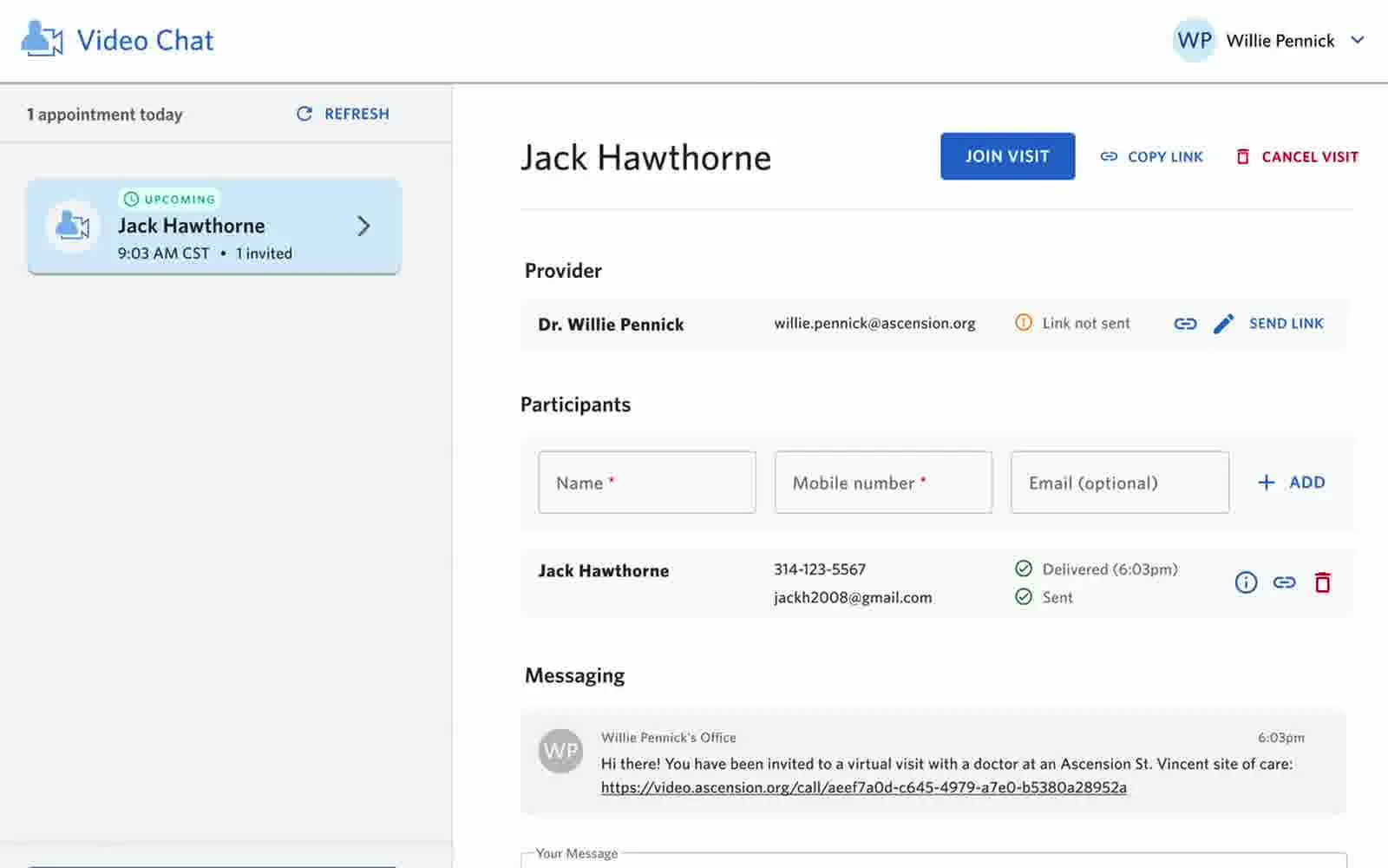A visit in Video Chat, with the provider’s own link and its delivery status