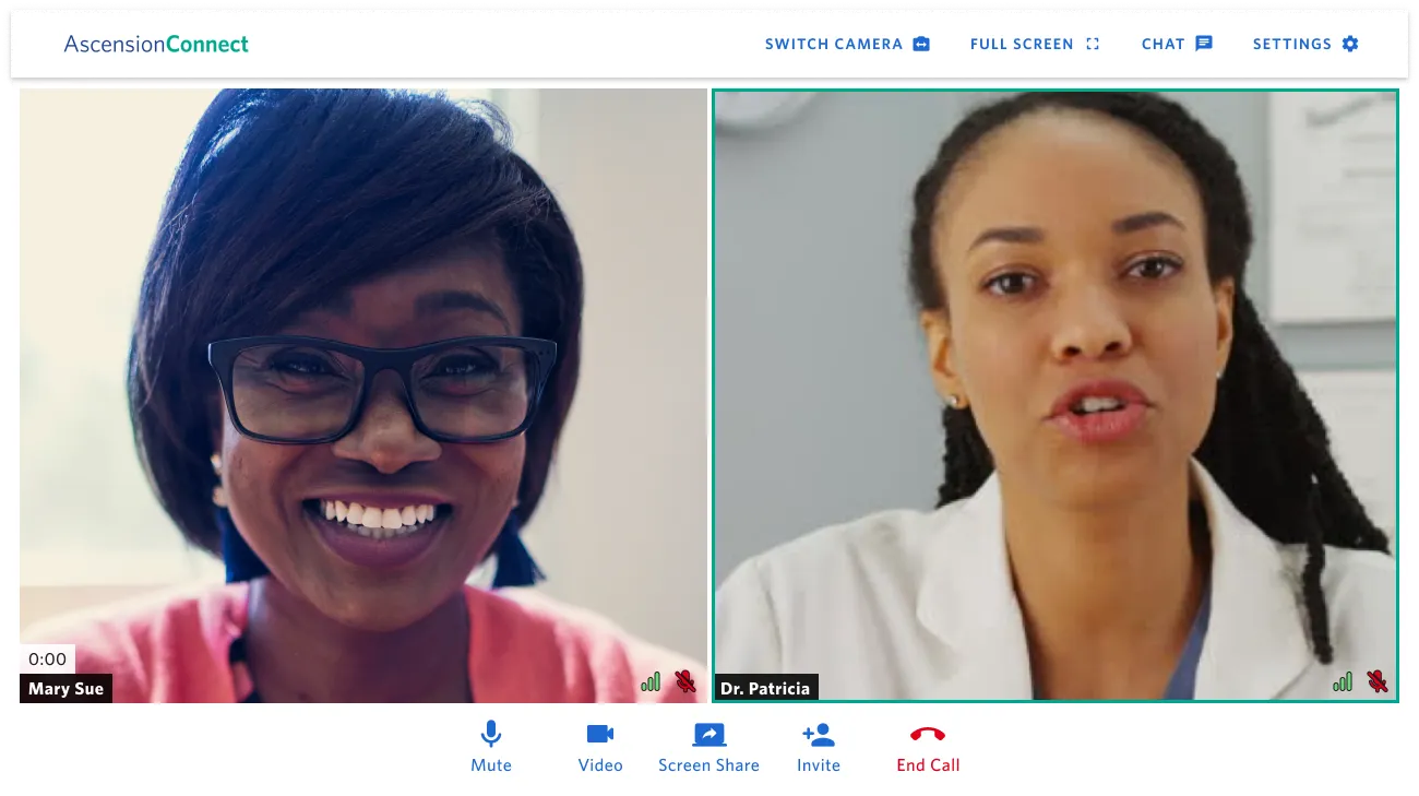 A video visit between a patient and a doctor in Ascension's Video Chat.