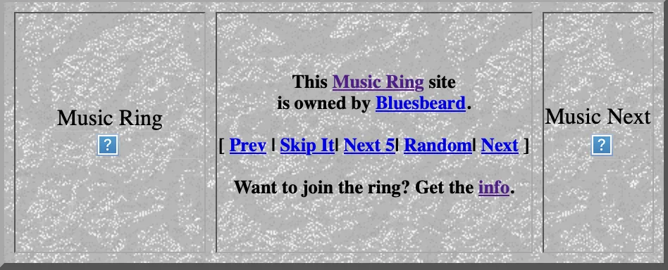 A gray, textured webring banner. The center panel reads “This Music Ring site is owned by Bluesbeard,” with links for Prev, Skip It, Next 5, Random and Next, and “Want to join the ring? Get the info.” The side panels, labeled Music Ring and Music Next, show broken-image icons.