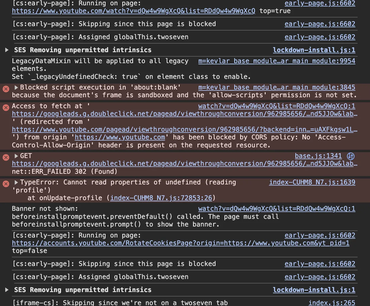 A browser JavaScript console on the YouTube page. Red error rows show a fetch to googleads.g.doubleclick.net/pagead/viewthroughconversion, redirected from youtube.com, blocked by CORS policy, and a failed GET to the same address.